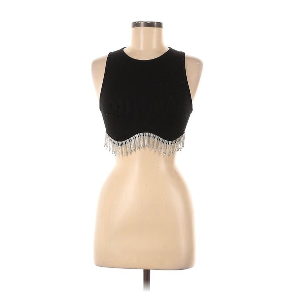 Zara Black Cropped Fringe Top M/L NWT - Picture 1 of 5